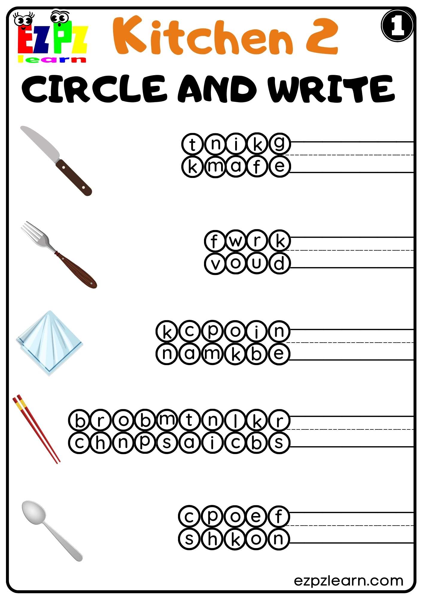 Kitchen Utensils Circle and Write Worksheet for ESL and Homeschool